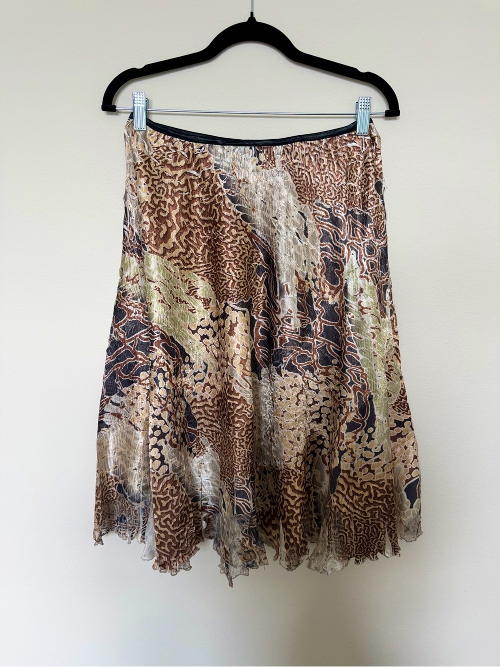 Komarov Crinkle Bias Cut Midi Skirt Lace Hem Abstract Animal Print Boho Size XL